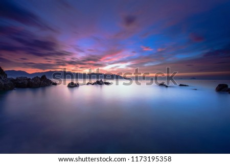 Long exposure with magic of the sky and clouds at dawn. Artwork done elaborately, landscape and nature, great images for printing, advertising, travel magazines and more.