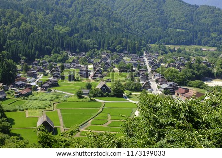 View of Ogimachi, Shirakawa-go village from the observation point in Gifu, Japan