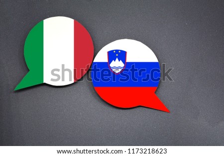 Italy and Slovenia flags with two speech bubbles on dark gray background