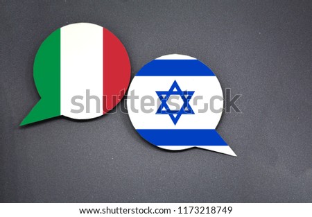 Italy and Israel flags with two speech bubbles on dark gray background