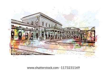 Building view with landmark of Bologna City in Italy. Watercolor splash with Hand drawn sketch illustration in vector.