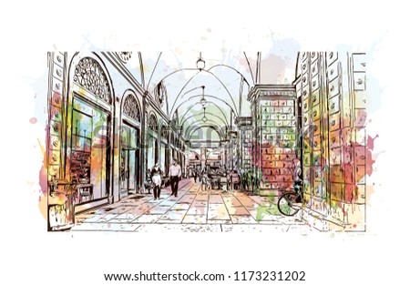 Building view with landmark of Bologna City in Italy. Watercolor splash with Hand drawn sketch illustration in vector.