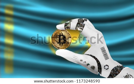crypto currency bitcoin in the robot's hand, the concept of artificial intelligence, background flag of Kazakhstan