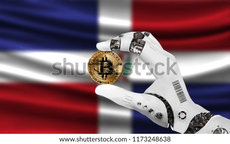 crypto currency bitcoin in the robot's hand, the concept of artificial intelligence, background flag of Dominican Republic