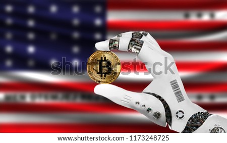 crypto currency bitcoin in the robot's hand, the concept of artificial intelligence, background flag of Bikini Atoll