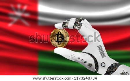 crypto currency bitcoin in the robot's hand, the concept of artificial intelligence, background flag of Oman