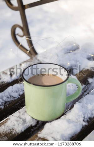 A cup with a hot drink in the winter park. Hot cocoa with cinnamon on the background of winter park. First snow and hot chocolate. 