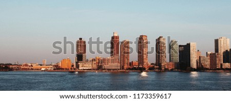 Website banner of New York cityscape, high skyscrapers near sea. Concept of american blod header, cheap tours to USA and green card.
