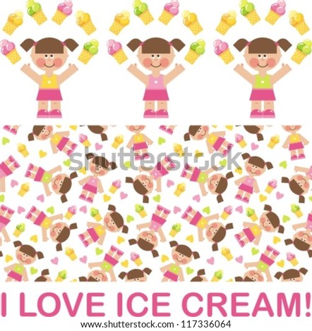 Vector illustration, graphics. Girl juggles ice cream