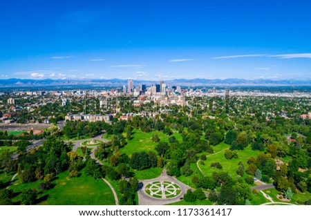 Denver Colorado green space city park aerial drone view high above the mile high city along the Rocky Mountain front range with modern architecture and nature meets city