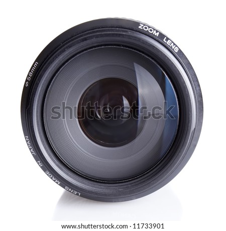 Slr camera lens closeup with a slight reflection beneath