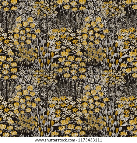 Creative artistic floral background. Hand drawn seamless pattern with wildflowers.
