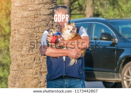 GDPR - a man with two chihuahua hides his face behind the inscription General Data Protection Regulation. Cyber security and privacy.