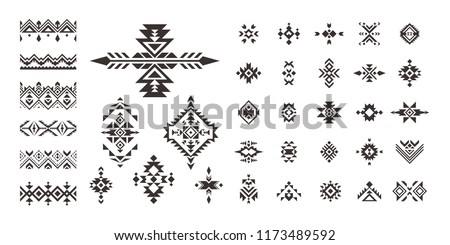 Set of Tribal decorative elements isolated on white background. Ethnic collection. Aztec geometric ornament. Royalty-Free Stock Photo #1173489592