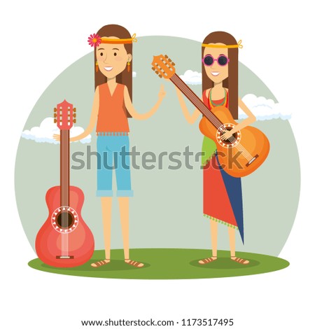 couple hippies playing guitar lifestyle characters