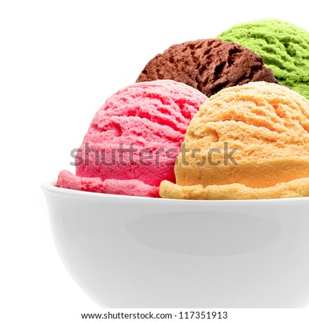 strawberry, chocolate, pistachio, green tea, ice cream in bowl / ice cream scoops in bowl / mixed ice cream