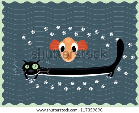 Illustration of happy black cat with big  fish