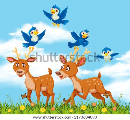 Deers and bird in nature illustration