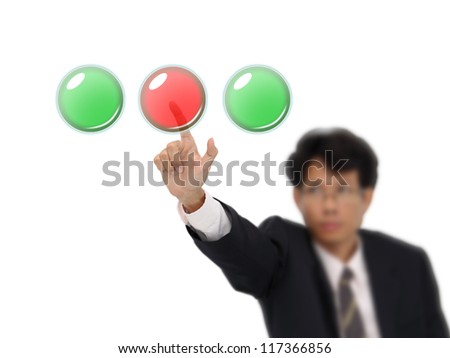 Business man push red button.
