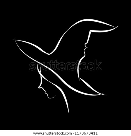 Side View Beautiful Witch with Hat and Black Background. Flat Line Art Doodle Vector Illustration. Halloween Concept.