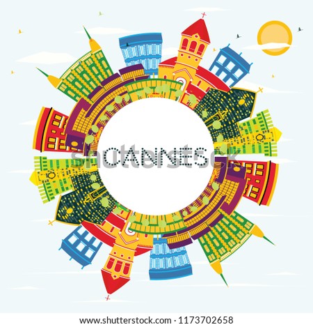 Cannes France City Skyline with Color Buildings, Blue Sky and Copy Space. Vector Illustration. Business Travel and Tourism Concept with Historic Buildings. Cannes Cityscape with Landmarks.
