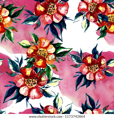 Bright watercolor flowers of Dog rose. Seamless pattern. background for fabrick,linen,clothes.