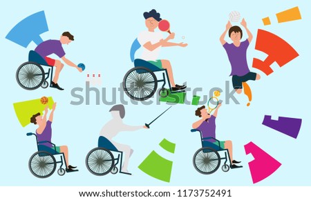 Graphic Of Disabled Athletes Sport Symbol Competition Flat Vector Illustration 2018 Player.Logo Emblem vector For Banner Flyer Brochure. Para sport celebration game party 3rd on Asia.
