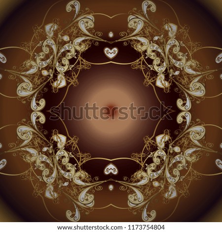 Ornamental vintage pattern on brown, beige and yellow colors with golden elements. Christmas, snowflake, new year. Golden ornamental pattern on brown, beige and yellow colors with golden elements.