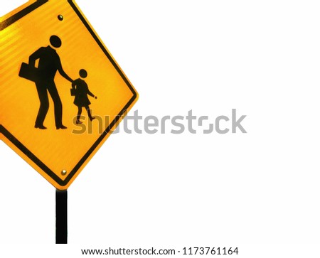 Part of traffic security sign school zone on isolated white background, close up shot with copy space 
