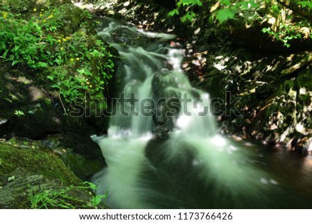 long exposure of a waterfall at Aira force waterfall park in the Lake district in Cumbria