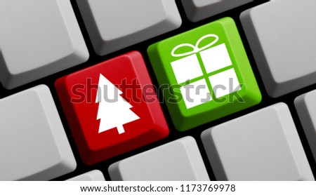 Computer Keyboard red and green with christmas tree and present