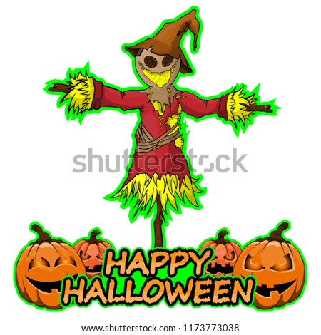 Scarecrow  wishes happy halloween on isolated white background.