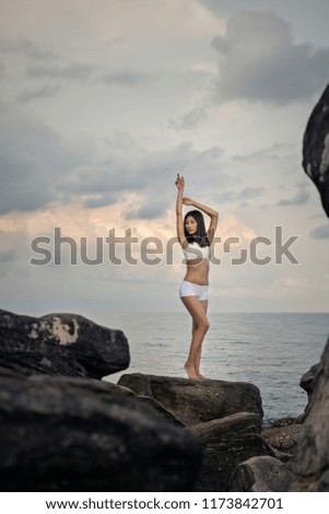 the Asian  girl posing  on the stone