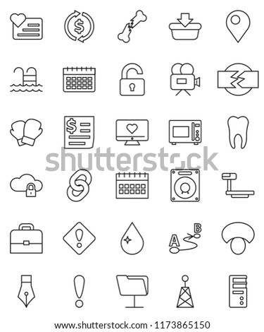 thin line vector icon set - water drop vector, microwave oven, mushroom, pen, case, exchange, calendar, boxing glove, pool, heart monitor, attention, receipt, big scales, route, antenna, broken bone