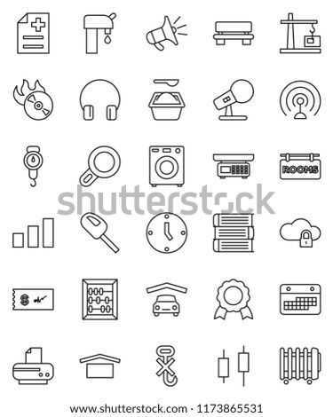 thin line vector icon set - washing powder vector, scales, book, medal, abacus, japanese candle, clock, calendar, dry cargo, no hook, sorting, music hit, microphone, antenna, headphones, anamnesis