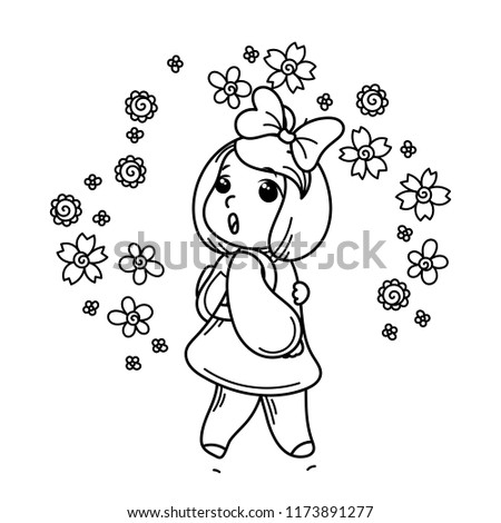 Cute girl ready to School. Raster illustration for books, prints, posters, cards. Coloring page