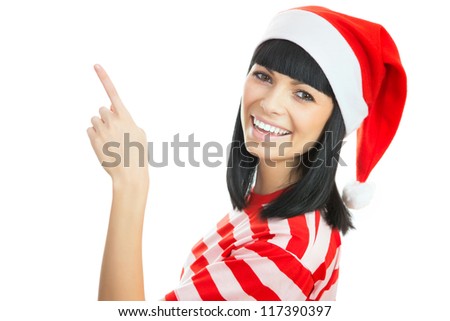 Santa girl wearing Christmas Chat and shows a white space