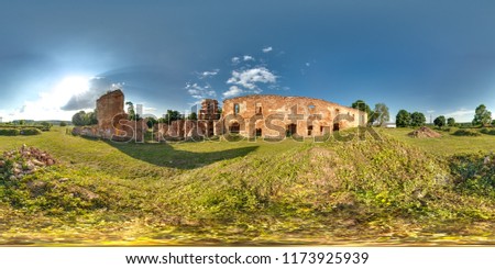 Ruins of ancient brick castle with blue sky sun green grass 3D spherical panorama with 360 degree viewing angle. Ready for virtual reality in vr. Beautiful background. Full equirectangular projection