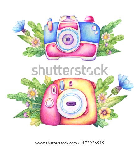 Photo camera with flowers. Watercolor illustration.