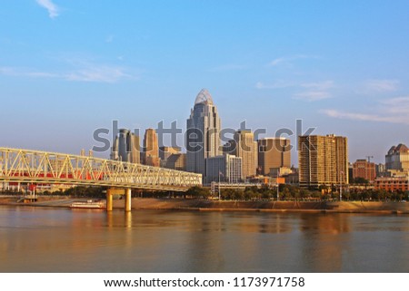 Early morning view of city from across the river