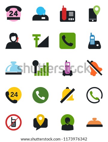 Color and black flat icon set - phone vector, no mobile, reception bell, office, 24 hours, support, tracking, radio, call, mute, cellular signal