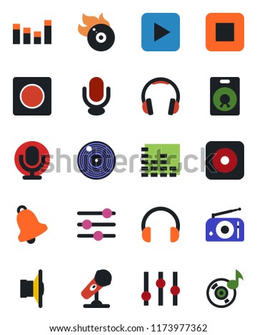 Color and black flat icon set - vinyl vector, flame disk, microphone, radio, speaker, settings, equalizer, headphones, play button, stop, rec, tuning, bell, record, music