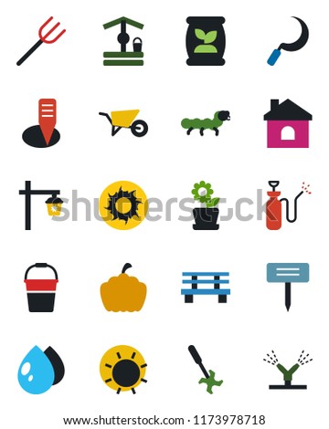 Color and black flat icon set - farm fork vector, wheelbarrow, bucket, house, water drop, sun, well, sickle, plant label, bench, pumpkin, garden light, caterpillar, sprayer, fertilizer, ripper