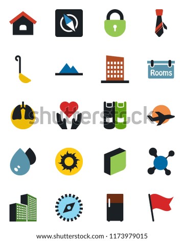 Color and black flat icon set - lock vector, book, sun, molecule, heart hand, lungs, plane, compass, office building, blank box, tie, house, mountains, rooms, city, ladle, water, fridge, flag