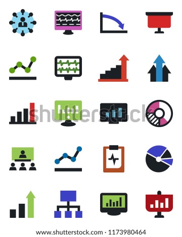 Color and black flat icon set - growth statistic vector, hierarchy, presentation board, monitor, circle chart, pulse, clipboard, statistics, bar graph, pie, point, arrow up, crisis