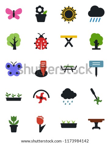 Color and black flat icon set - sun vector, flower in pot, ripper, tree, butterfly, lady bug, seedling, rain, plant label, picnic table, tulip