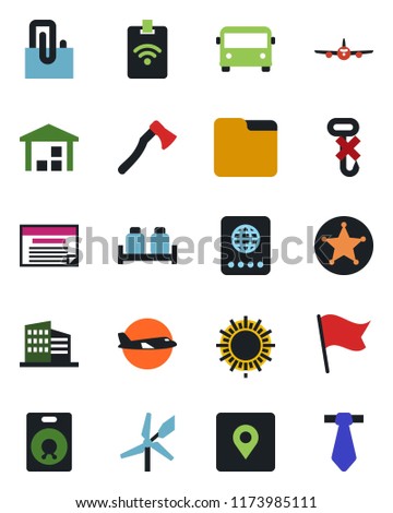 Color and black flat icon set - airport bus vector, passport, sun, plane, axe, no hook, warehouse, speaker, folder, place tag, paper clip, office building, salt and pepper, police, windmill, flag