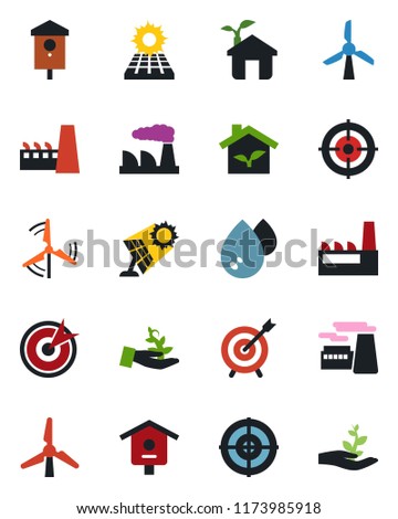 Color and black flat icon set - factory vector, bird house, target, sun panel, windmill, eco, water, palm sproute