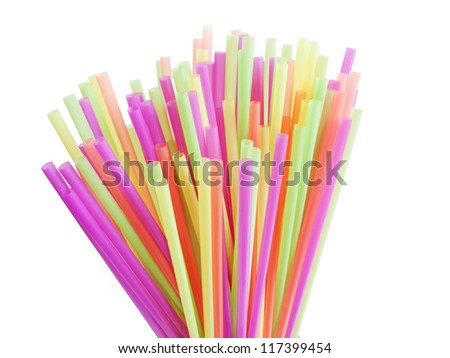 colored drinking straws on white background