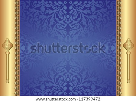 gold blue background with crowns and scepter